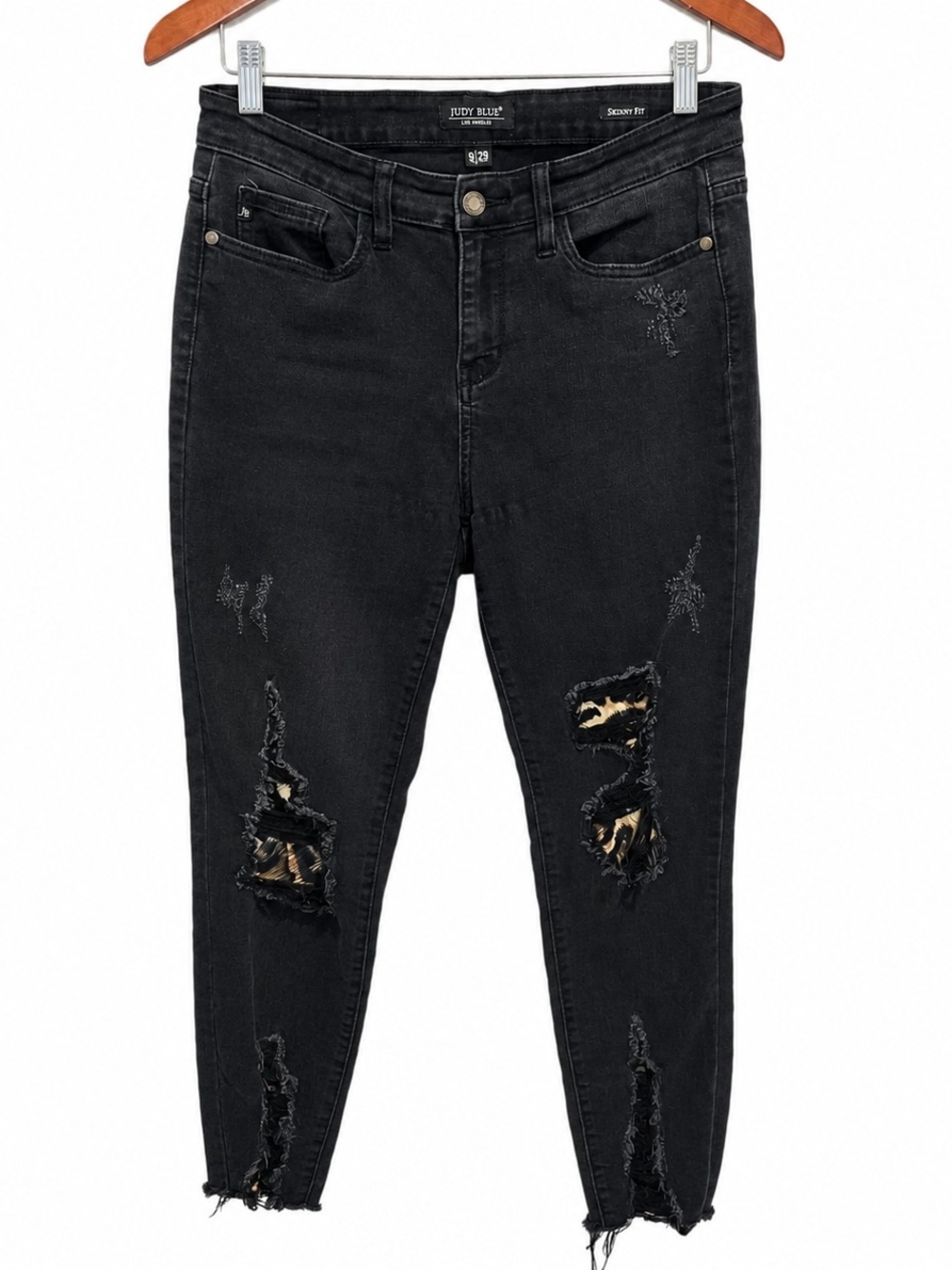 Judy Blue Black Skinny Jeans Size 9/29 Distressed Leopard Patch Raw Hem